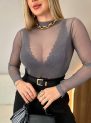 Body Tule Liso Cinza